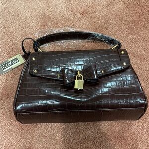 Brown Faux Crocodile-Embossed Handbag